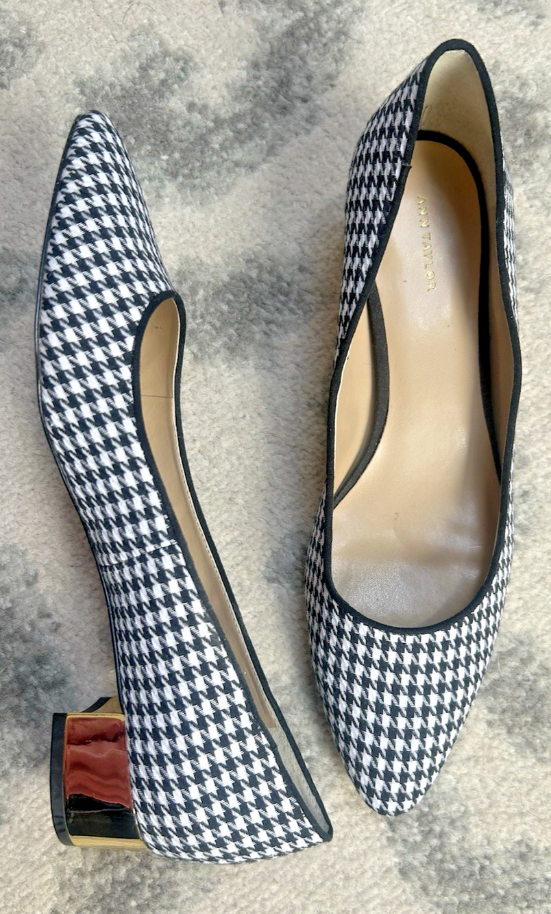 Ann Taylor Houndstooth Point Toe Block Heels 8.5 Black Gold Quiet Luxury